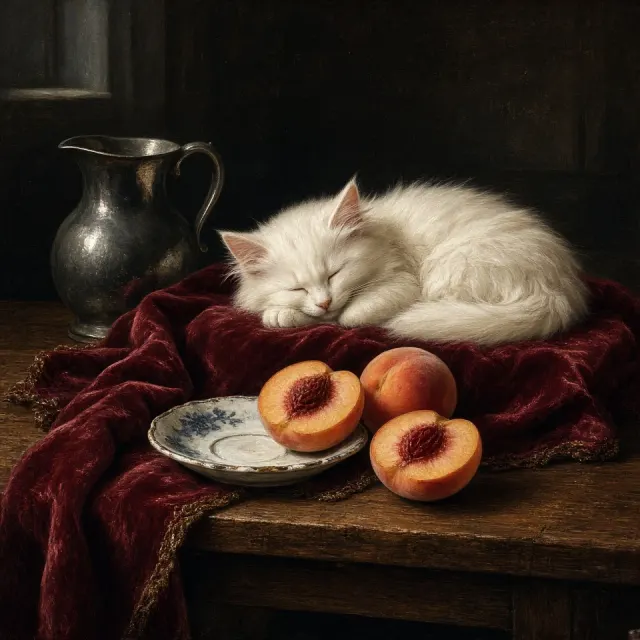 Classical Oil Still Life of Sleeping White Kitten with Peaches