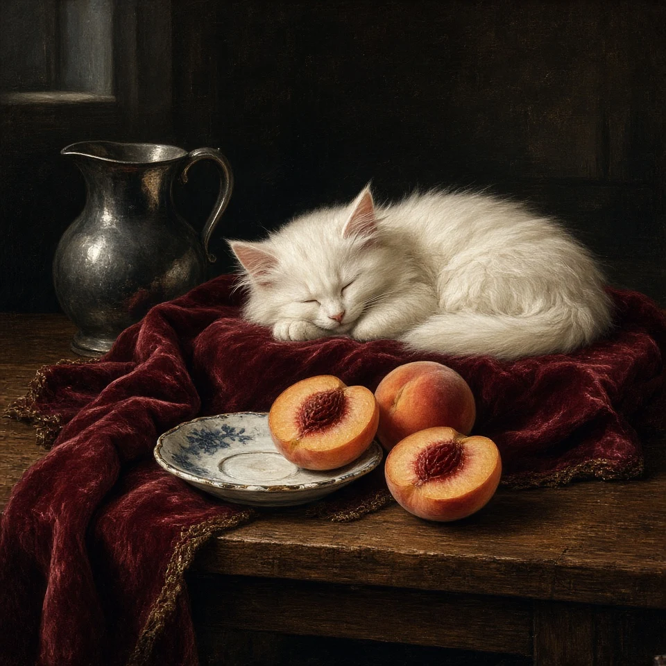 Classical Oil Still Life of Sleeping White Kitten with Peaches
