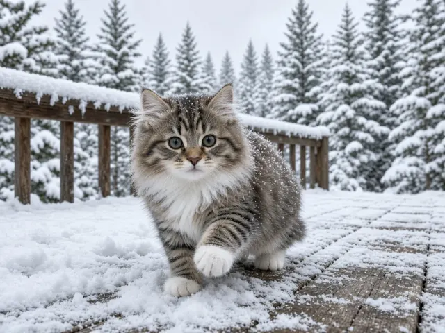 Siberian Kitten Discovering Winter Snow on Cedar Deck