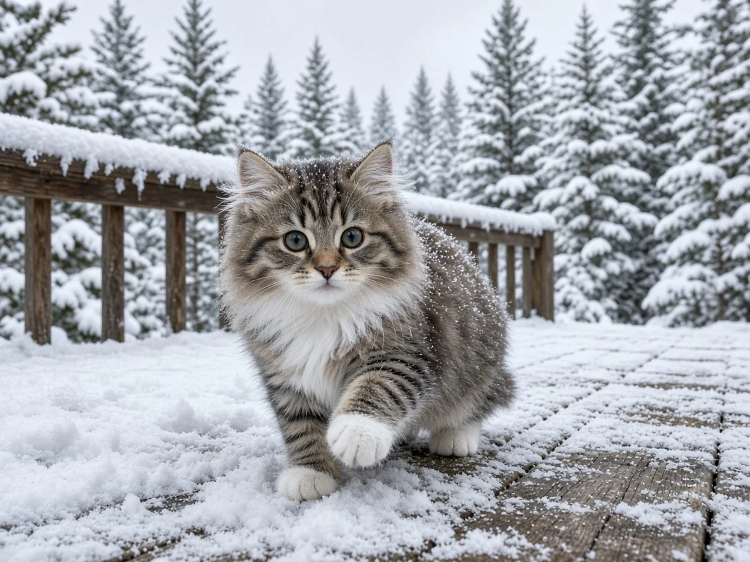 Siberian Kitten Discovering Winter Snow on Cedar Deck