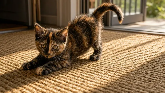 Tortoiseshell Kitten Playful Bow Stretch on Jute Rug