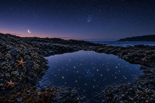 Basalt Coastal Tidal Pool Reflecting Orion and the Pleiades