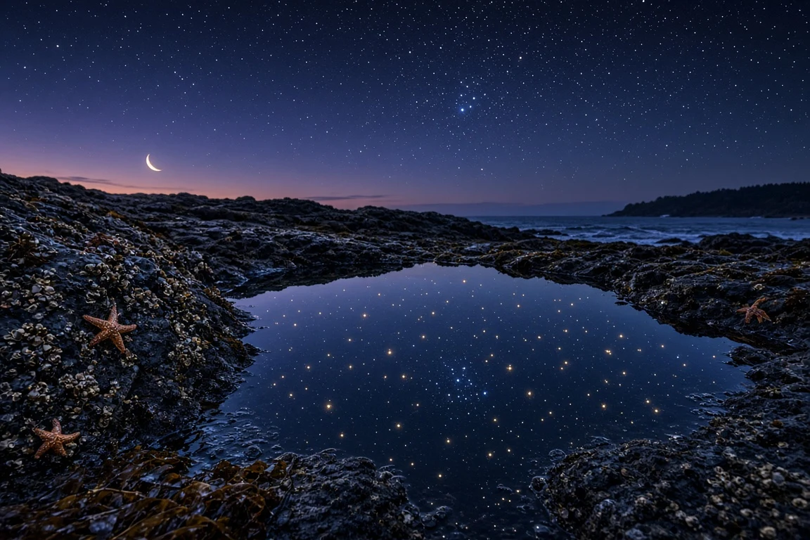 Basalt Coastal Tidal Pool Reflecting Orion and the Pleiades