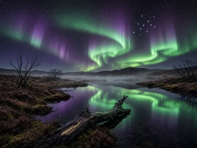 Highland Peat Loch Mirroring the Emerald Aurora Borealis