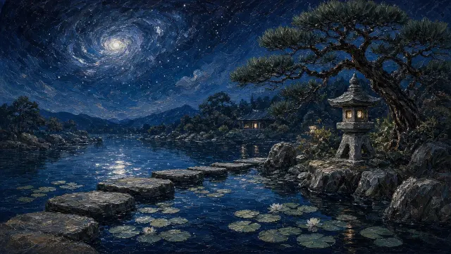 Zen Pond In Indigo Moonlight and Constellation Reflections