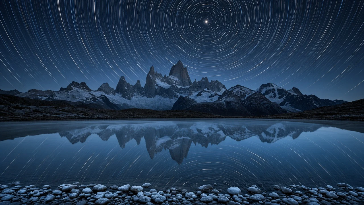 Circumpolar Star Trails Over Mount Fitz Roy Laguna
