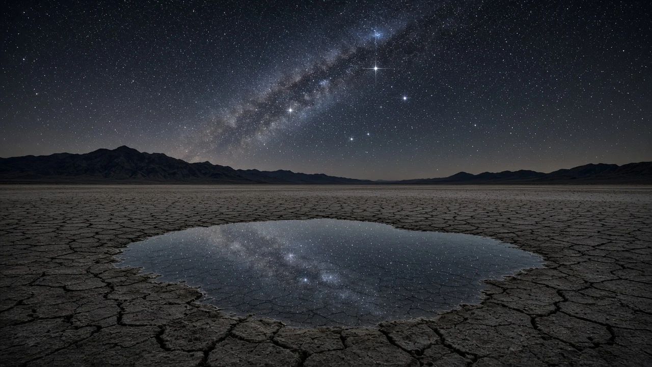 Desert Mud Cracked Playa Rain Puddle Mirroring Cygnus