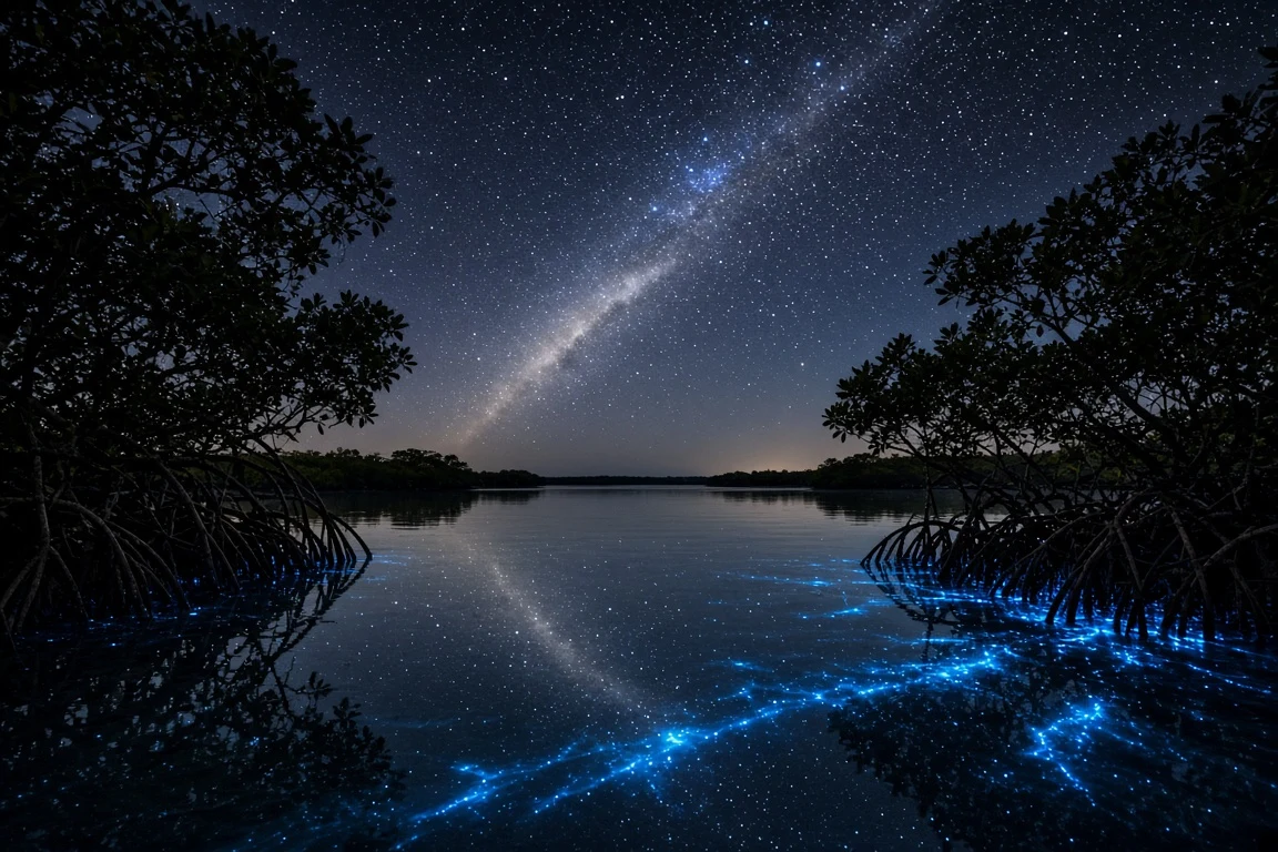 Bioluminescent Estuary and Stellar Reflection Fusion