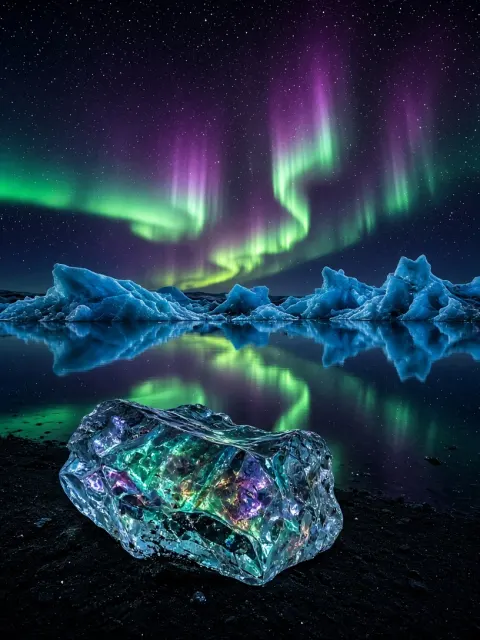 Glacial Lagoon Icebergs Floating Under Auroral Ripples