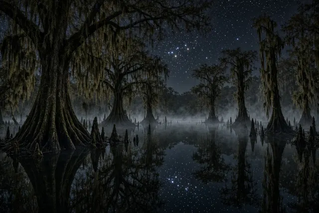Southern Cypress Bayou Mirroring Orion in Spanish Moss