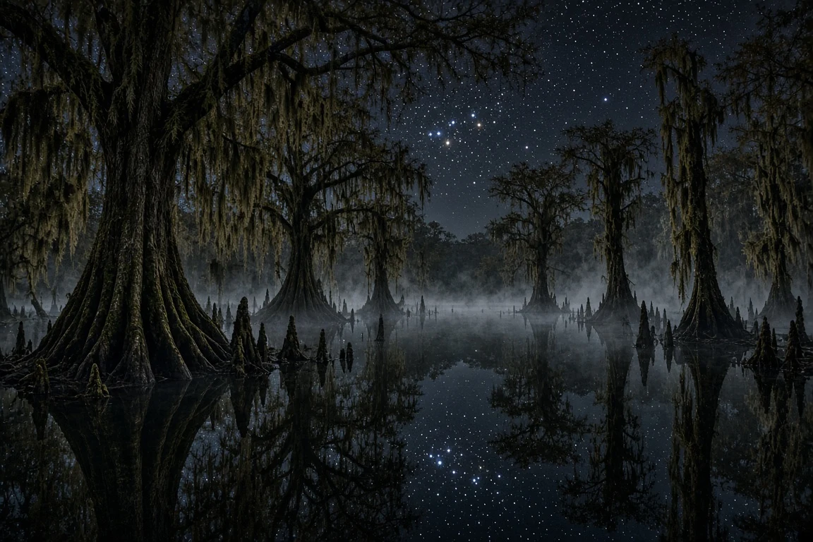 Southern Cypress Bayou Mirroring Orion in Spanish Moss