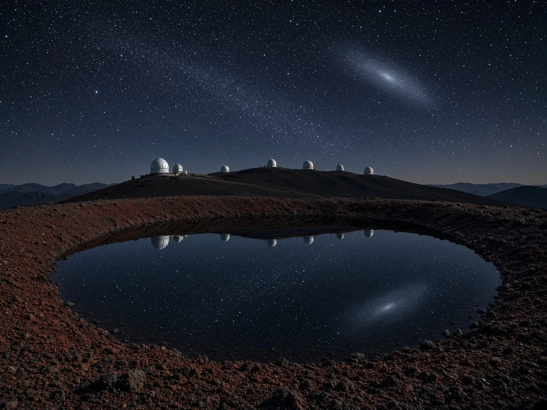 Volcanic Cinder Cone Rain Pool with Mauna Kea Observatories