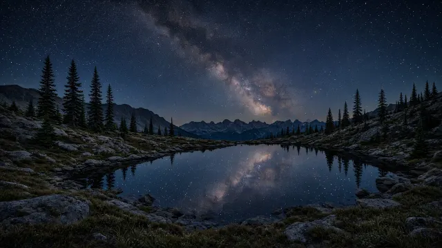 Subalpine Fir Tarn with Clean Upper Constellation Negative Space