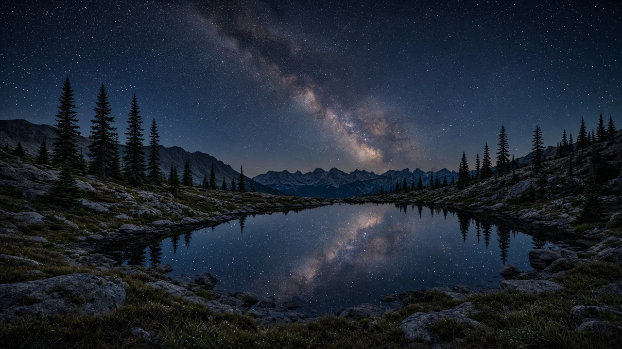 Subalpine Fir Tarn with Clean Upper Constellation Negative Space
