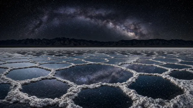 Hexagonal Salt Crust Basin Mirroring the Galactic Arc