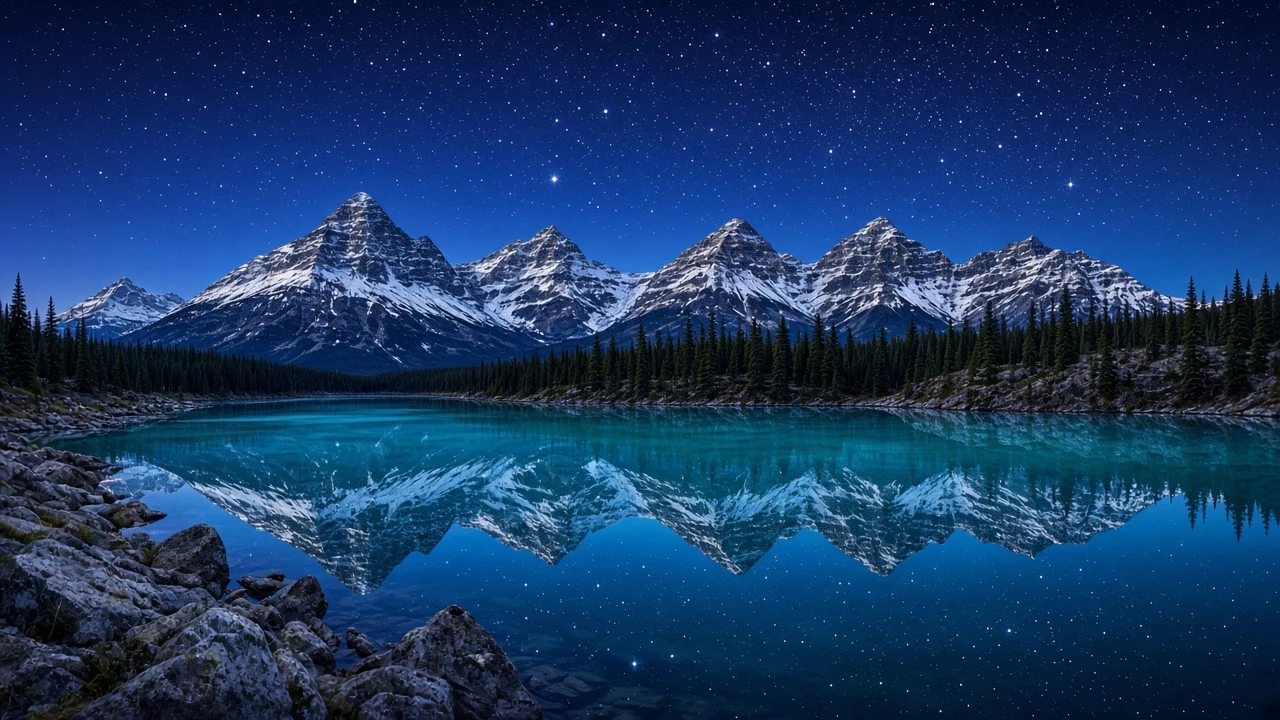 Moraine Lake Predawn Mirroring Fading Constellations and Peaks