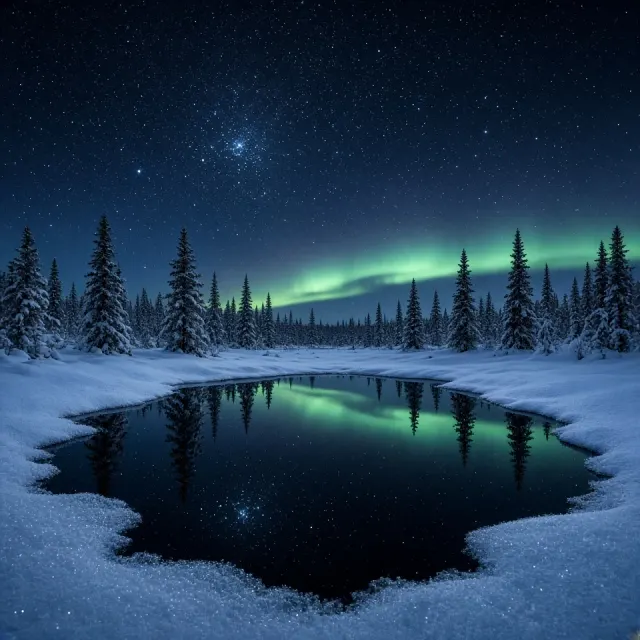 Snow-Covered Boreal Fen Tarn Mirroring Pleiades and Aurora Arc