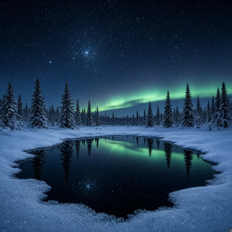 Snow-Covered Boreal Fen Tarn Mirroring Pleiades and Aurora Arc