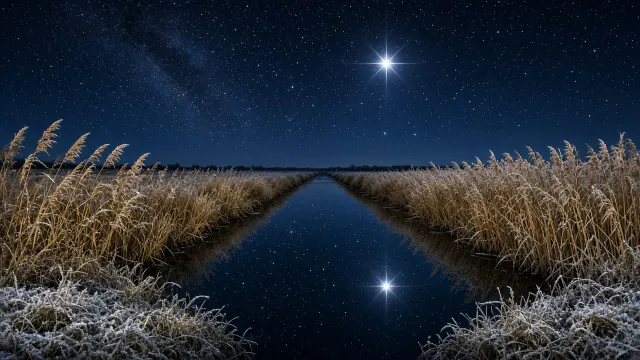 Fenland Reeds Dyke Mirroring Sirius and Winter Constellations