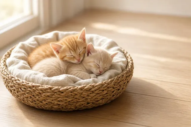Sunlit Seagrass Basket Slumber with Ginger and Cream Kittens