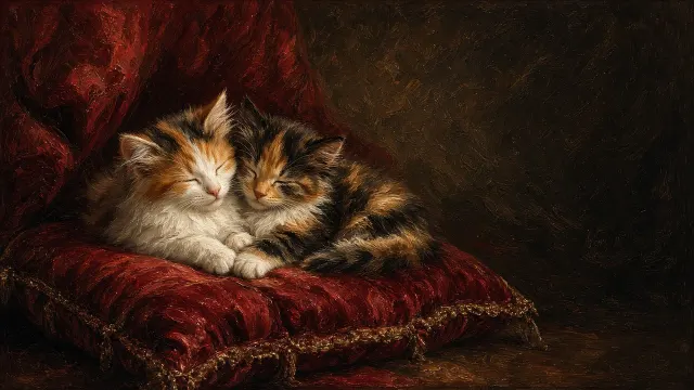 Chiaroscuro Oil Study of Intertwined Sleeping Fluffy Kittens