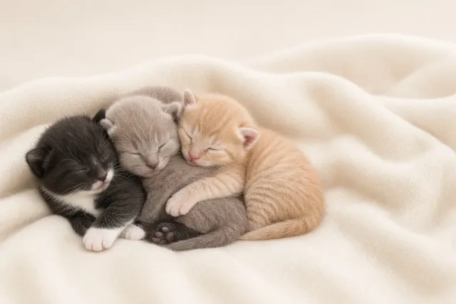High-Key Studio Portrait of Three Cuddling Shorthair Kittens