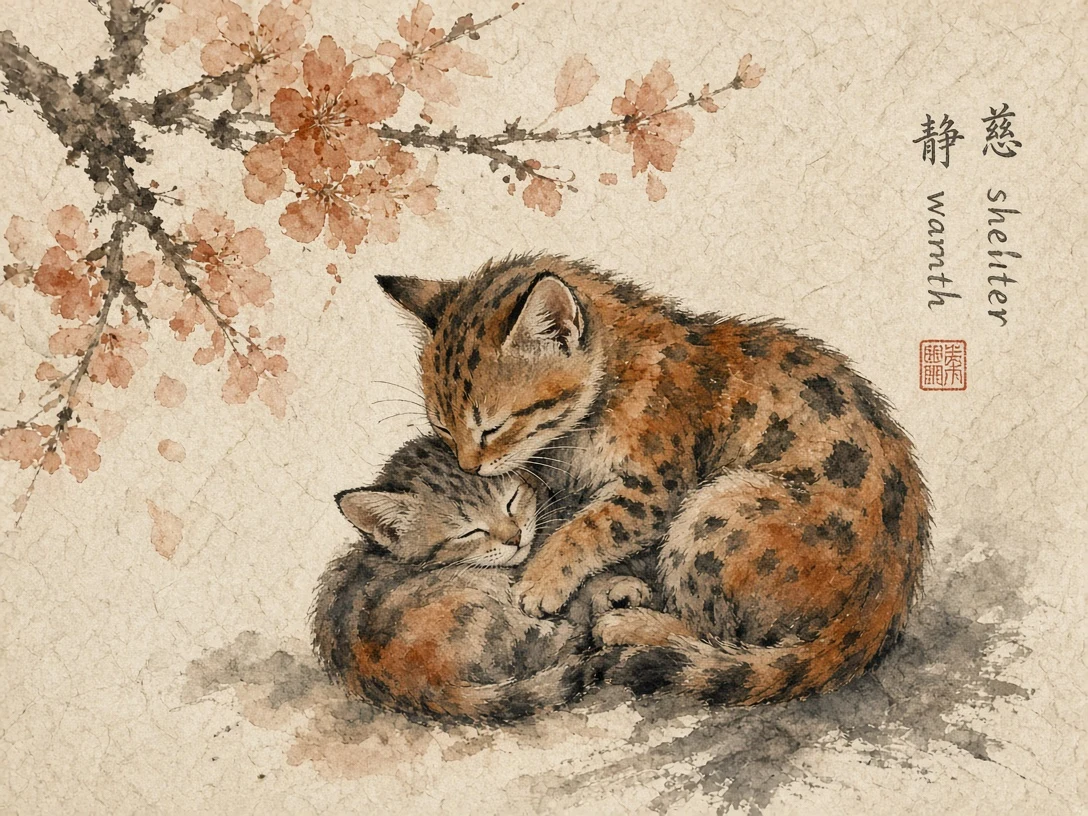 Delicate Japanese Watercolor Wash of Snuggling Calico Kittens