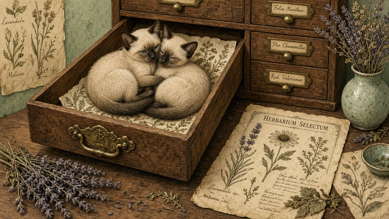 Whimsical Gouache Illustration of Siamese Kittens in an Open Drawer