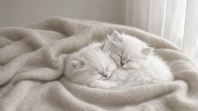 Minimalist Persian Kittens Resting on an Oatmeal Cashmere Throw
