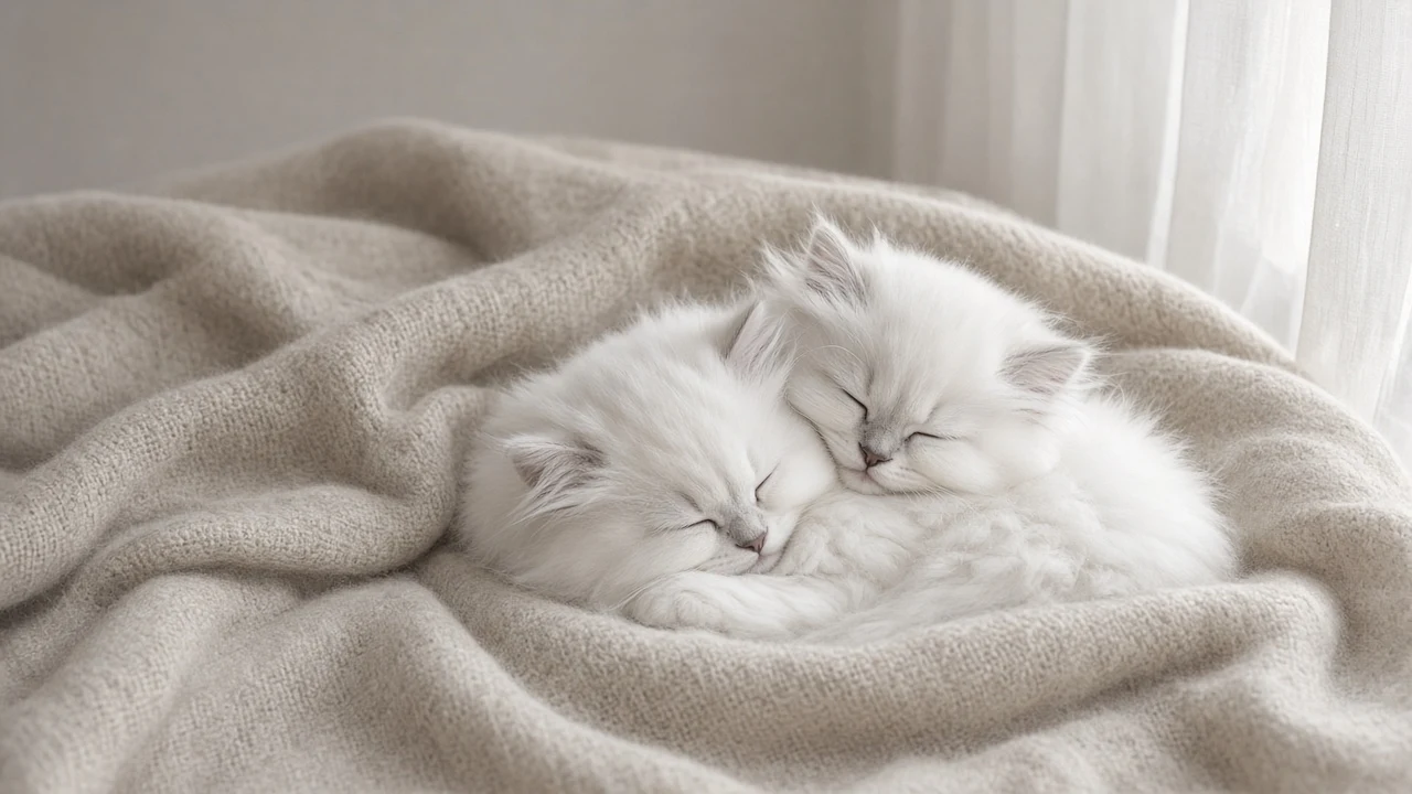 Minimalist Persian Kittens Resting on an Oatmeal Cashmere Throw