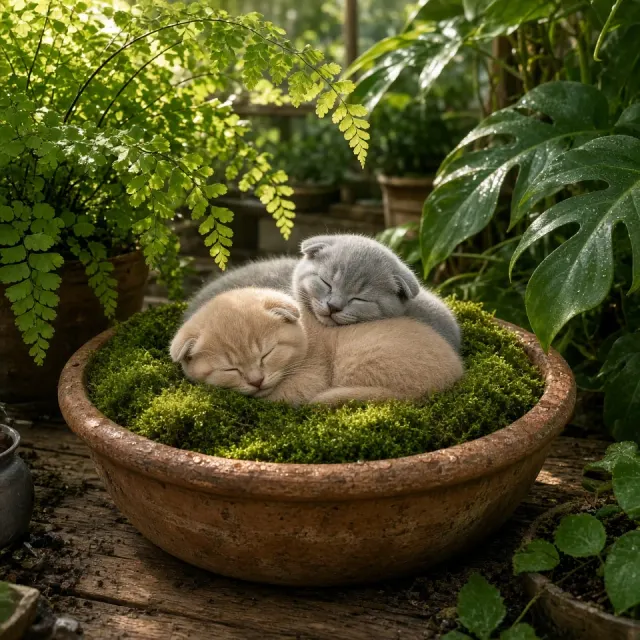 Sunlit Conservatory Ferns Surrounding Cuddling Scottish Folds