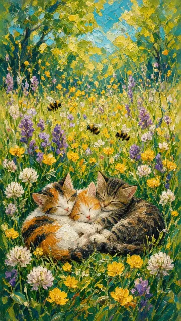 Impressionist Summer Meadow Oil Painting of Three Country Kittens