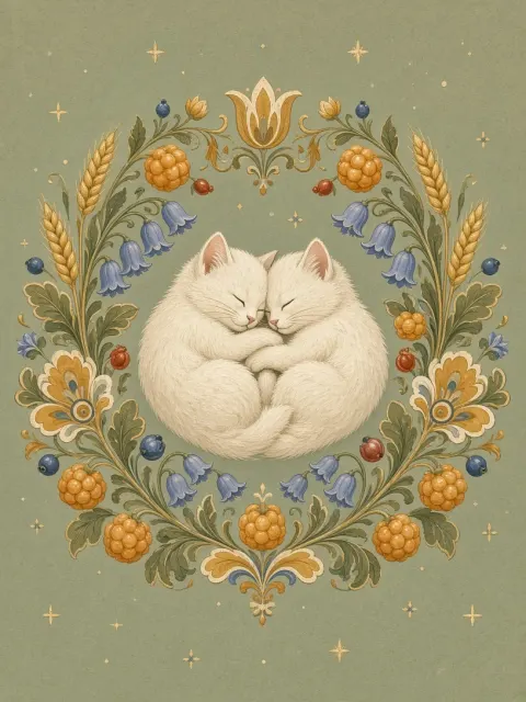 Nordic Folk Art Floral Wreath Framing Snuggling White Kittens