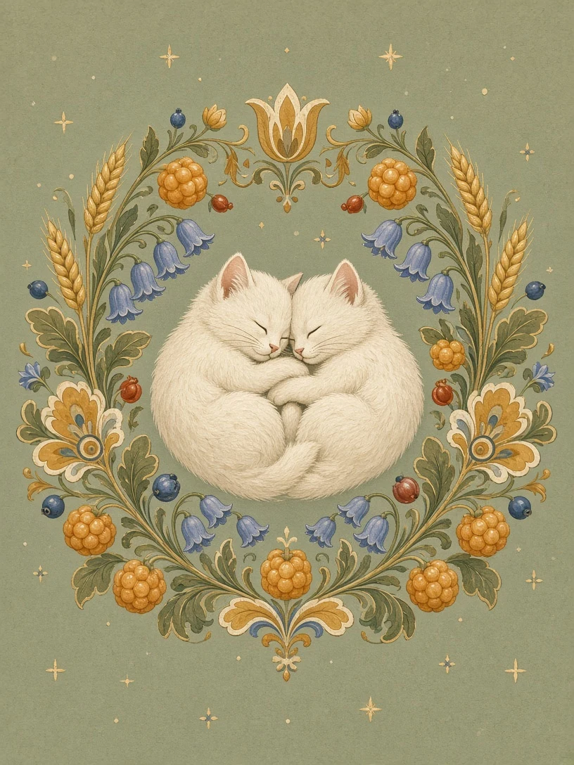 Nordic Folk Art Floral Wreath Framing Snuggling White Kittens