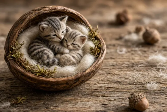 Tactile Needle-Felted Wool Diorama of Newborn Kittens in Walnut Shell