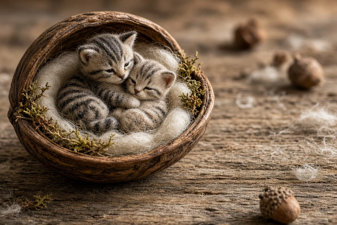 Tactile Needle-Felted Wool Diorama of Newborn Kittens in Walnut Shell
