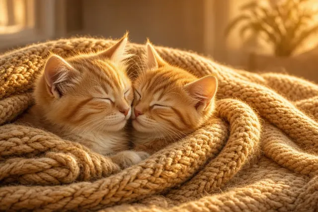 Warm Golden Hour Phone Wallpaper with Chunky Knit Blanket Kittens