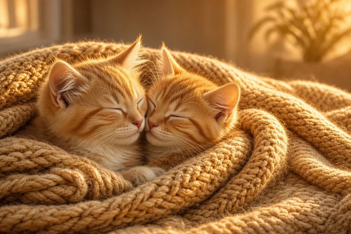 Warm Golden Hour Phone Wallpaper with Chunky Knit Blanket Kittens