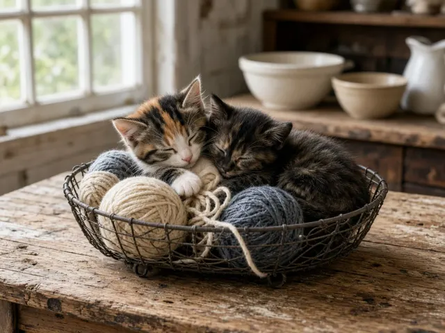 Rustic Farmhouse Kitchen Wire Basket Cuddle with Calico Kittens
