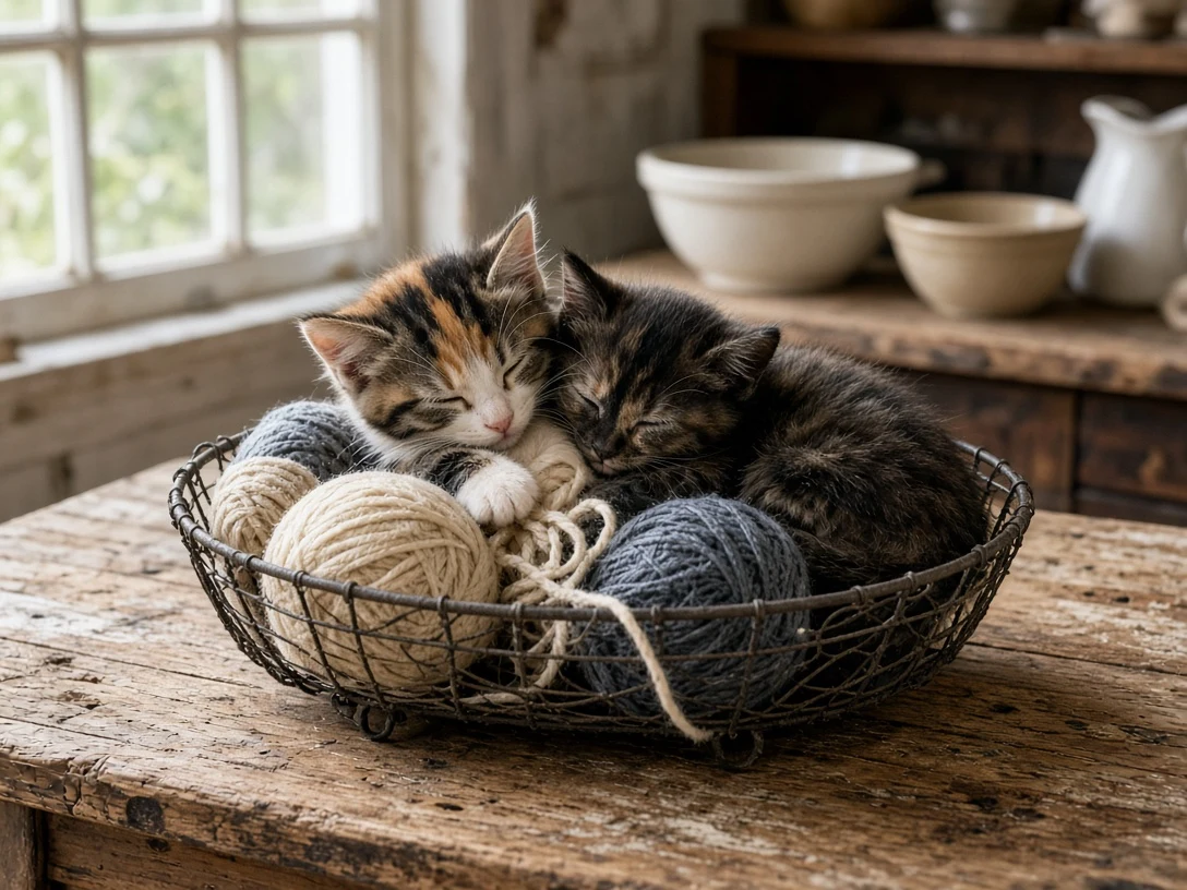 Rustic Farmhouse Kitchen Wire Basket Cuddle with Calico Kittens