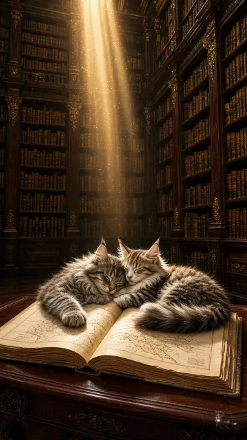 Antiquarian Library Sunbeam Nook with Sleeping Maine Coon Kittens
