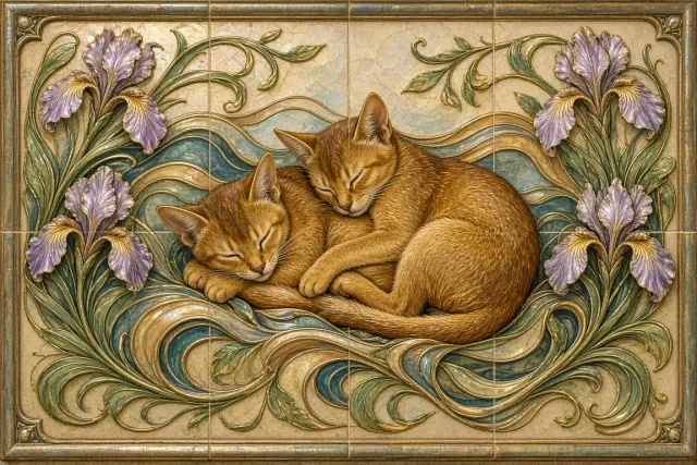 Art Nouveau Glazed Ceramic Tile Illustration of Abyssinian Kittens