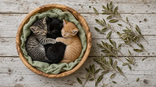 Top-Down Social Story of Sleeping Kittens in an Olive Wood Bowl