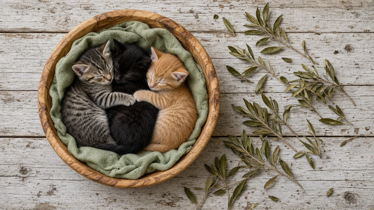 Top-Down Social Story of Sleeping Kittens in an Olive Wood Bowl