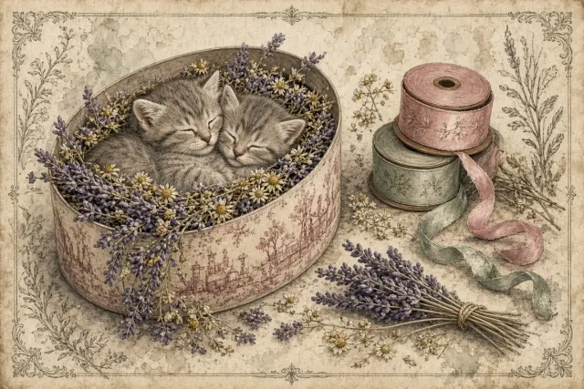 Vintage Hand-Colored Lithograph of Kittens in an Antique Hatbox