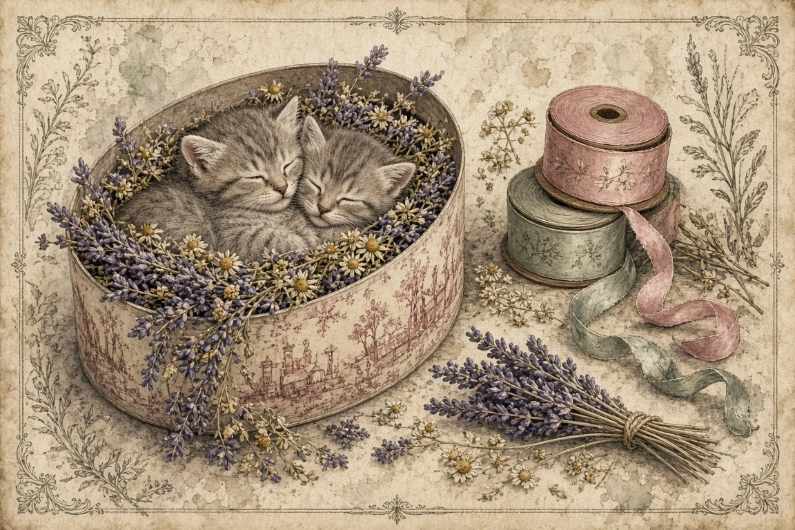 Vintage Hand-Colored Lithograph of Kittens in an Antique Hatbox