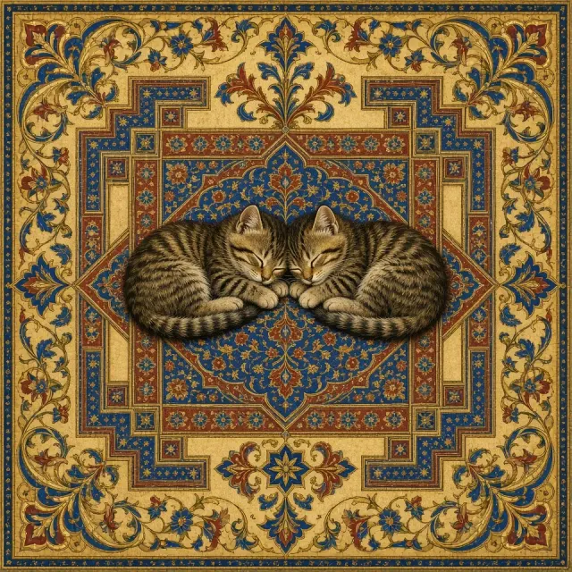 Luminous Medieval Gold Leaf Illumination of Two Striped Kittens