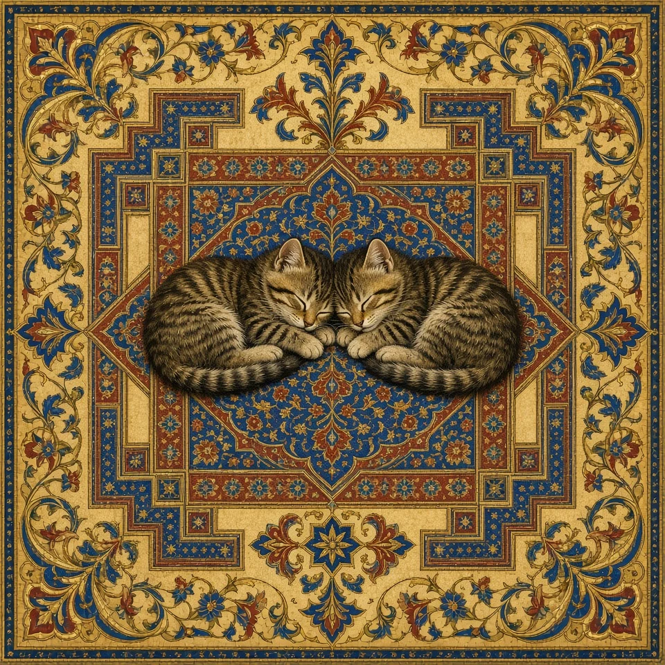 Luminous Medieval Gold Leaf Illumination of Two Striped Kittens