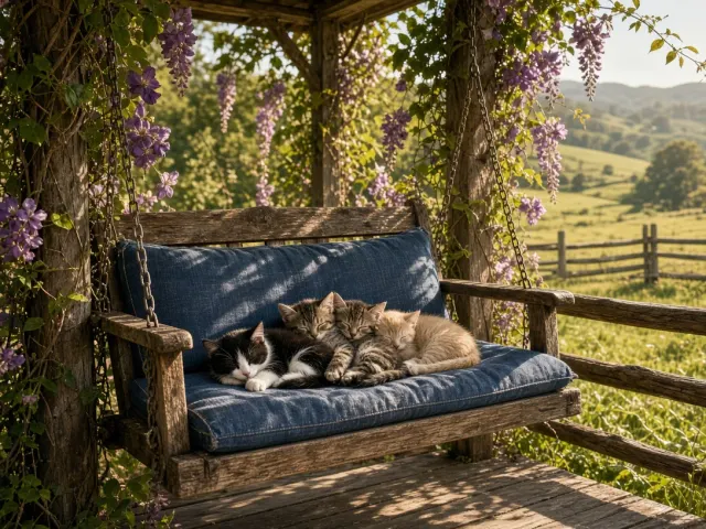 Front Porch Swing Nap with a Quartet of Farm Kittens