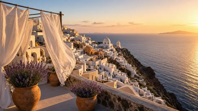 Caldera Panorama of Whitewashed Cliffside Village with Fluttering Terrace Curtains